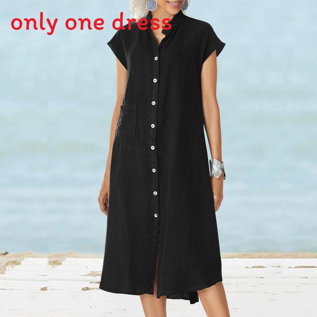 Cotton Linen Long Dress With Pocket And Stand Collar For Casual Travel