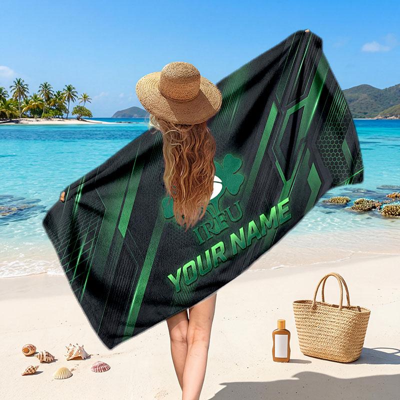 Ireland Rugby Customized Name Text Beach Towel, Soft Absorbent Towel Beach Pool Travel Personal Gift