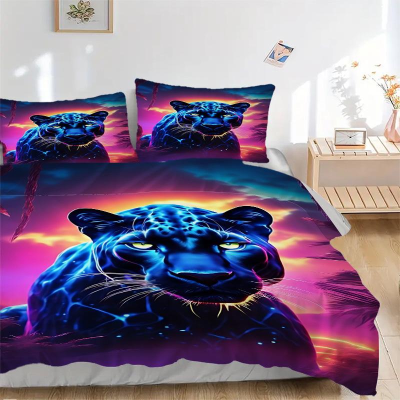 

3pcs Neon Panther Print Bedding Set - 1 Duvet Cover + 2 Pillowcases(Core Not Included), Machine Washable Polyester yy251216197 135x200cm