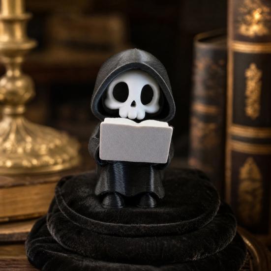 Grim Reaper Reading Figurine, 3D Printed Mini Skull Grim Reaper Statue, Cute Gothic Skeleton Ornament for Bookshelf, Desk, Shelf, Halloween Home Decor