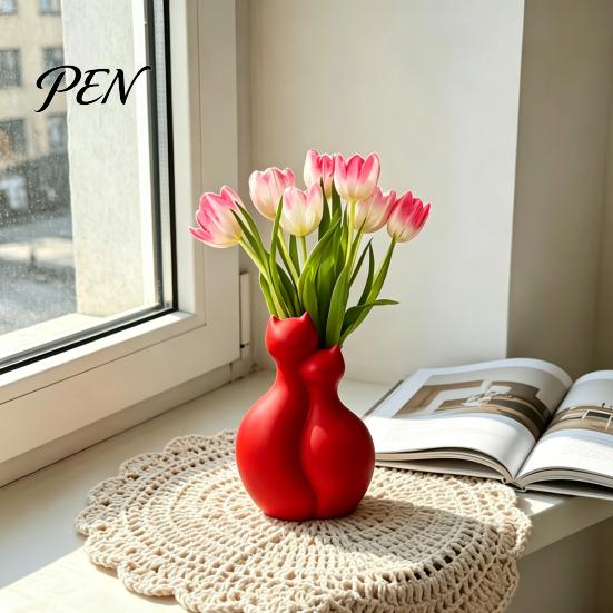 Artificial Flower Holder 3D Printed Cat Vase, Minimalist Nordic Style Arrangement Hugging Vase Decorative Couple Home Office Gift Artistic Tabletop