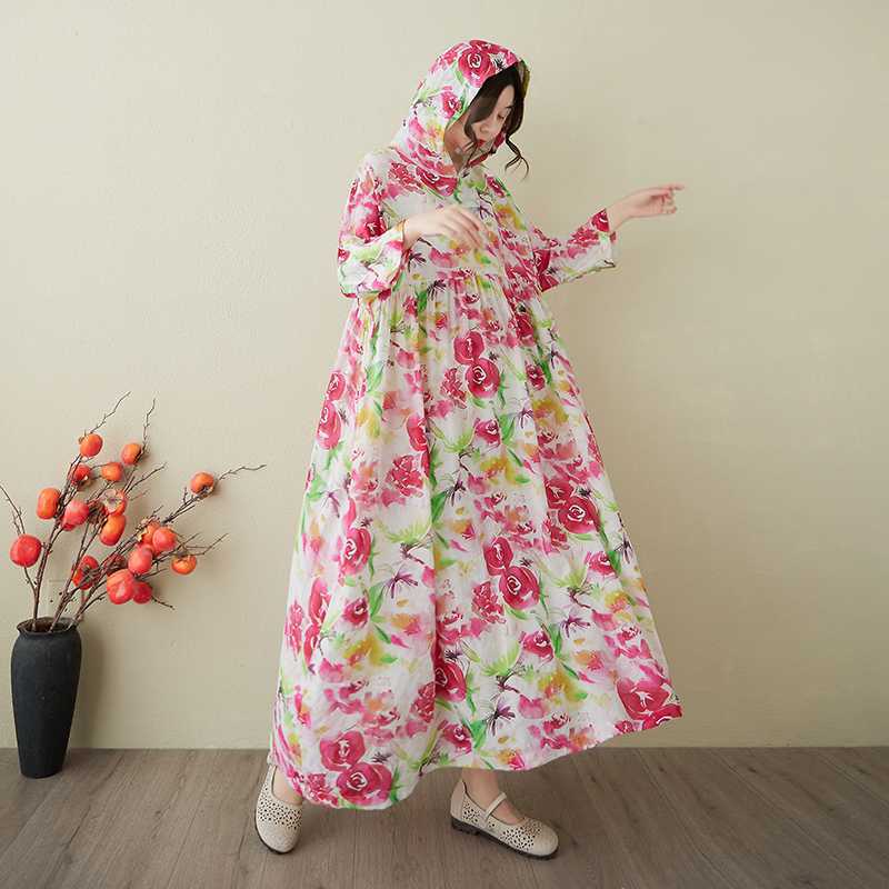 Ladies' Retro Gentle Wind and Cloud Brocade Cotton and Hemp Hooded Dress