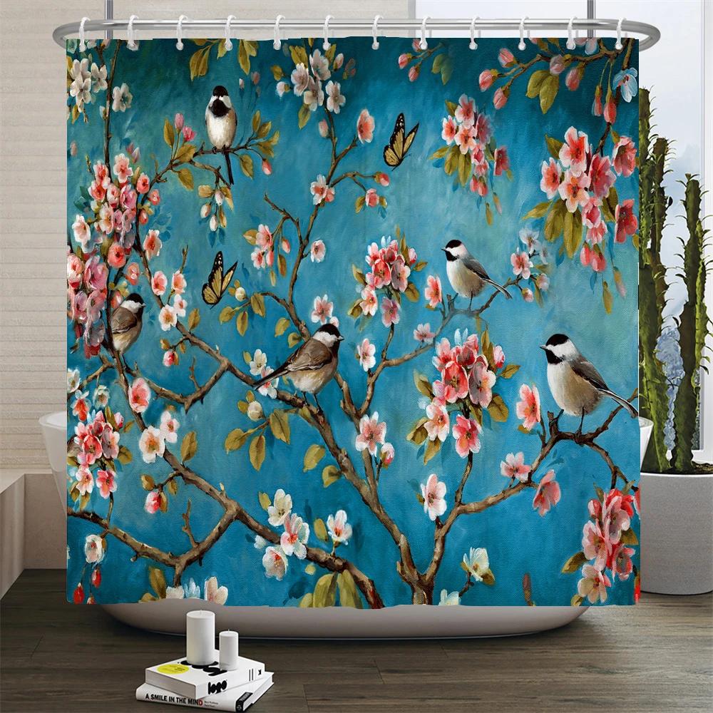 

Chinese Birds Gradient Shower Curtains For Bathroom Landscape Plants Green Waterproof Fabric Polyester Bath Decor 180 X 180Cm W60H190(CM)-1 Pcs