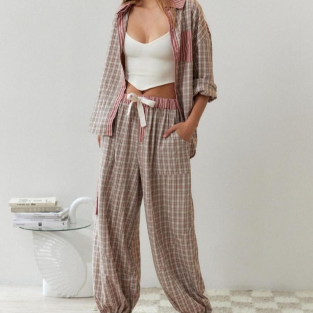 New Arrival Fall Women's Plaid Check Long Sleeve Loungew Set Pajamas Two Piece Casual Sleepwear Homewear