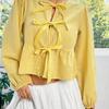 Women Plaid Bow Tie Blouse Puff Long Sleeve Round Neck Ruffle Hem Loose Casual Shirt Summer Commuter Top Source Factory Apparel