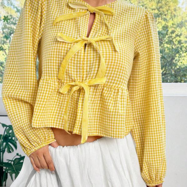 Women Plaid Bow Tie Blouse Puff Long Sleeve Round Neck Ruffle Hem Loose Casual Shirt Summer Commuter Top Source Factory Apparel