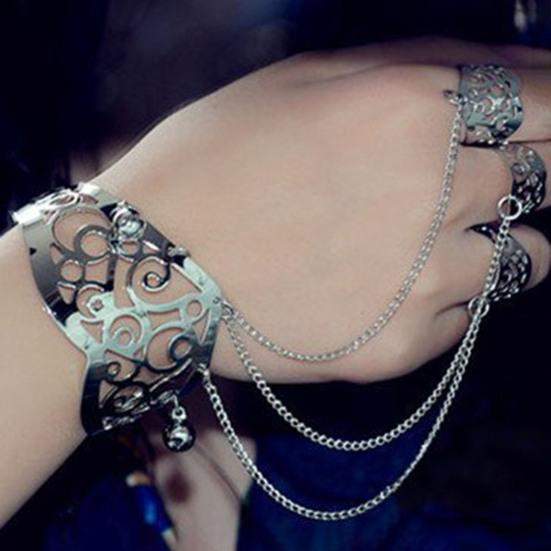 Multilayer Tassel Bell Hand Harness Bracelet Hollow Engraved Pattern Adjustable Bangle Finger Chain Jewelry Accessories