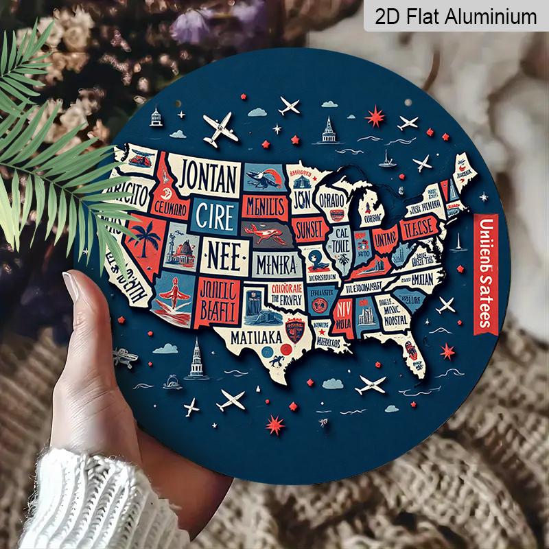 2D Flat, 1pc Round Aluminum Hanging Sign, USA State Map Metal Wall Art, Retro Travel Map Design, Perfect for Patriotic Decor, Man Cave, Garage