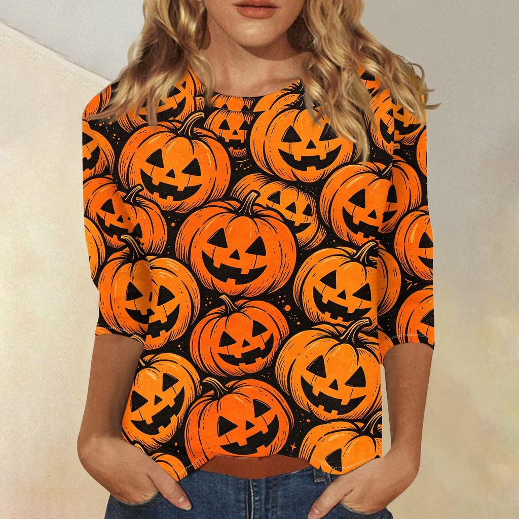 Women Casual 3/4 Sleeve Halloween Print Crew Neck Top Lightweight Soft Fabric Comfortable Fit Stretchy Material