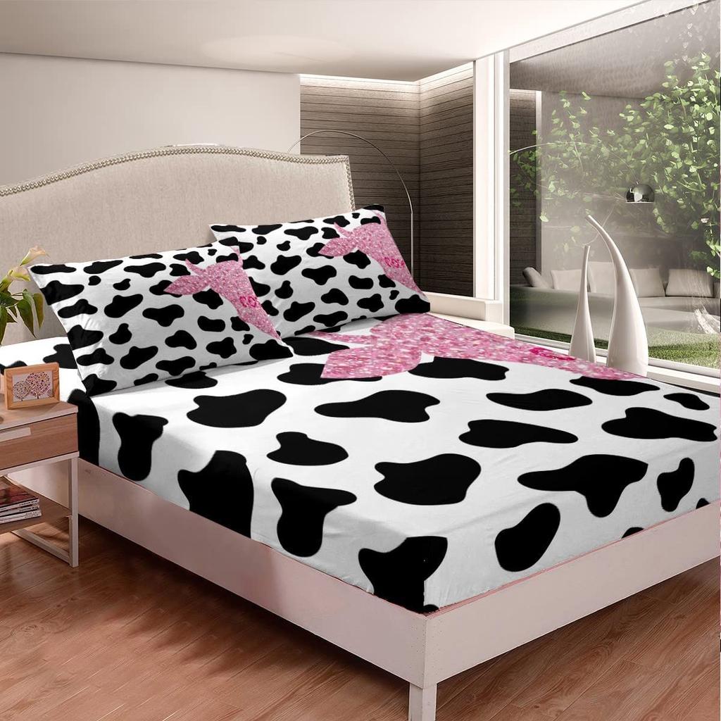 Highland Cow Fitted Sheet,Bull Cattle Bedding Set Yellow Sunflower Print Fitted Bed Sheets Western Farmhouse Theme Cow Bed Decor