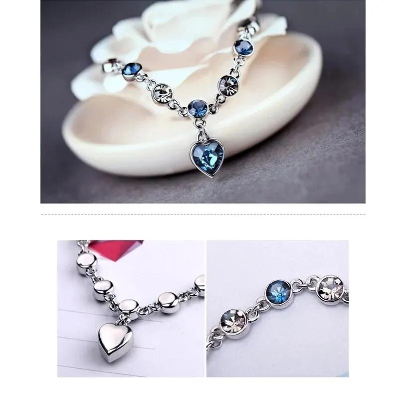 Women Copper Color Lucky Bracelet Female Blue Crystal Heart Charm Pulseras Bracelet Bridal Wedding Engagement Fine Jewelry Gift