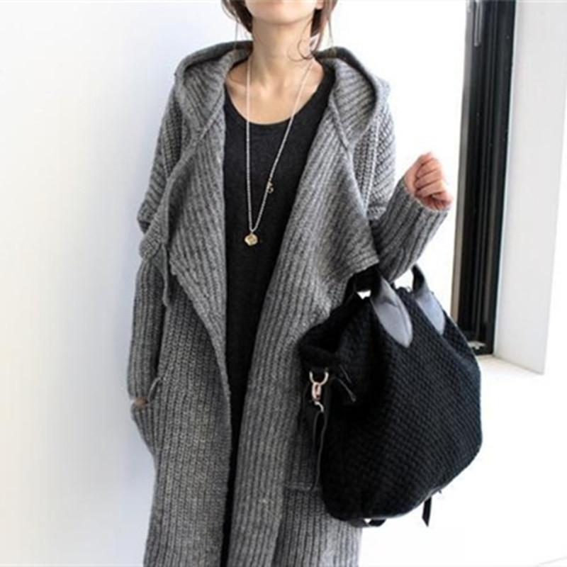 Korean autumn and winter women's clothing loose thick stick needle wool medium and long hooded thickened large sweater cardigan jacket