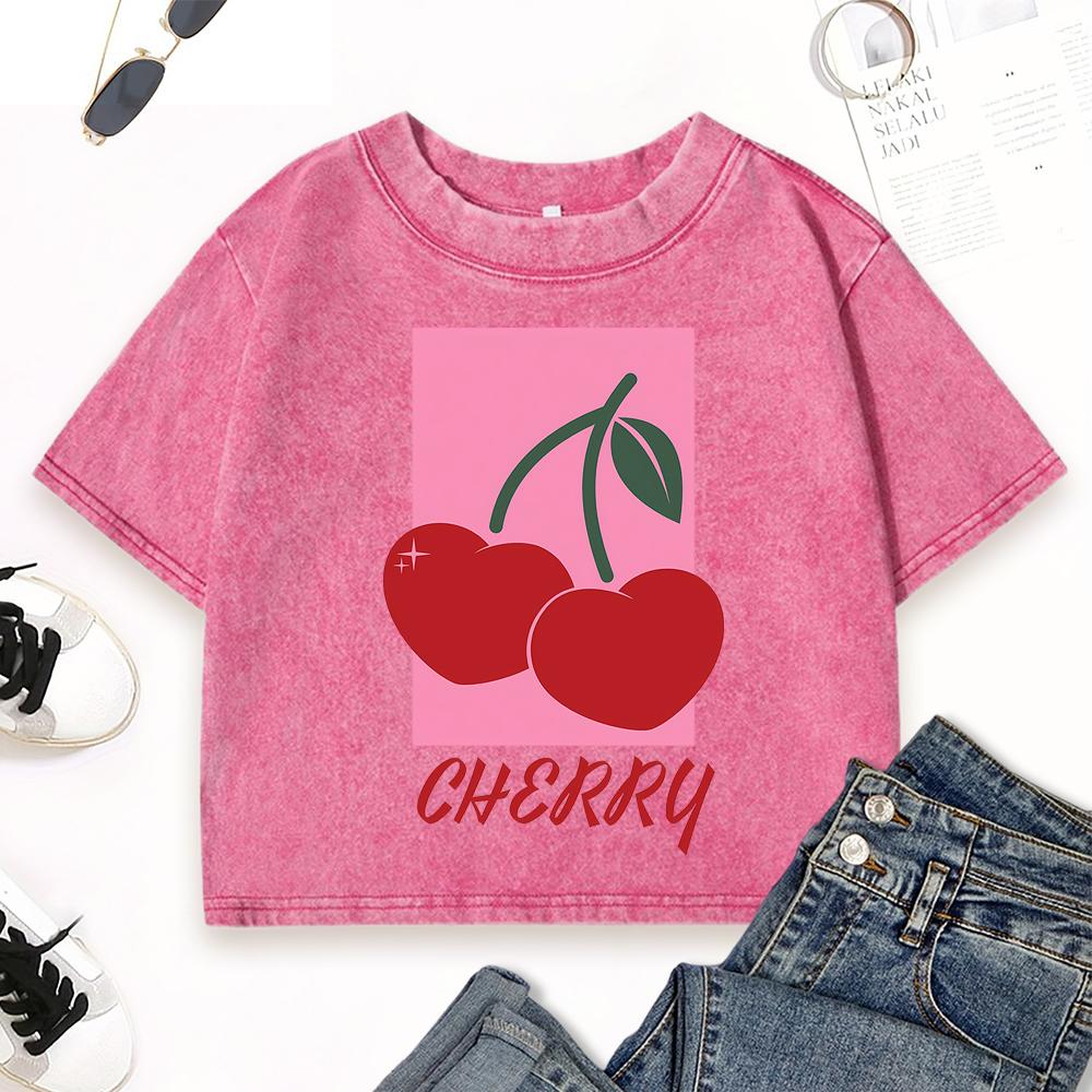 Red Cherry Fruit Print Washed T-Shirt Women Summer Casual T Shirts Slim Crewneck Crop Short Sleeve Cotton Vintage Top