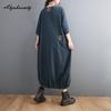 Plus Größe Frühling Sommer Frauen Denim Midi Kleid O Neck Patchwork Übergroßen Taschen Kleid Halbe Hülse Vintage Lose Kleid