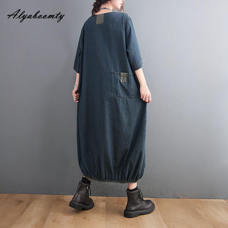 Plus Größe Frühling Sommer Frauen Denim Midi Kleid O Neck Patchwork Übergroßen Taschen Kleid Halbe Hülse Vintage Lose Kleid