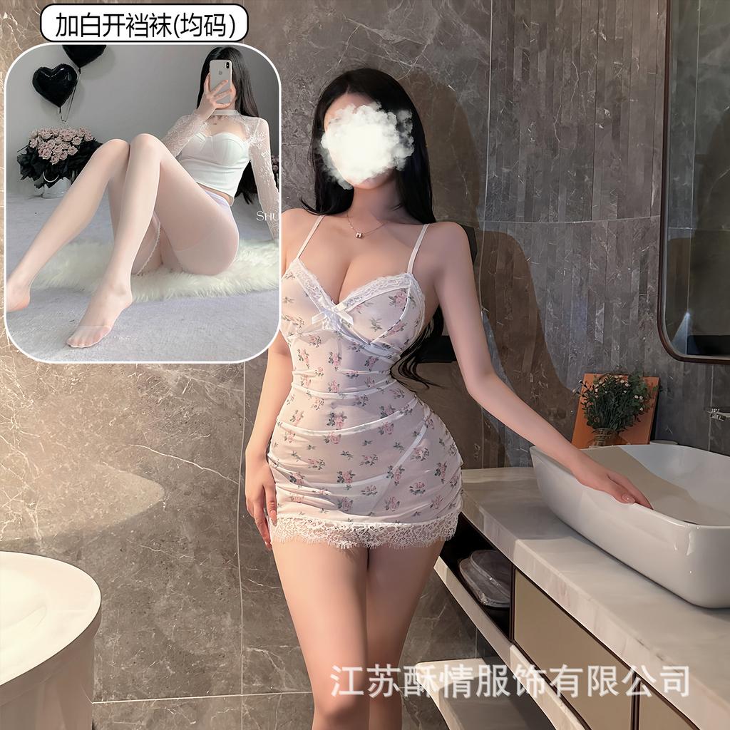 Underwear lace hollow deep V hip skirt sexy perspective mesh floral suspender nightdress