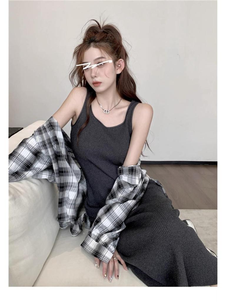 French Knit Off-Shoulder Strappy U-Neck Long Dress - Women's Summer Solid Color H-Line Vest Dress