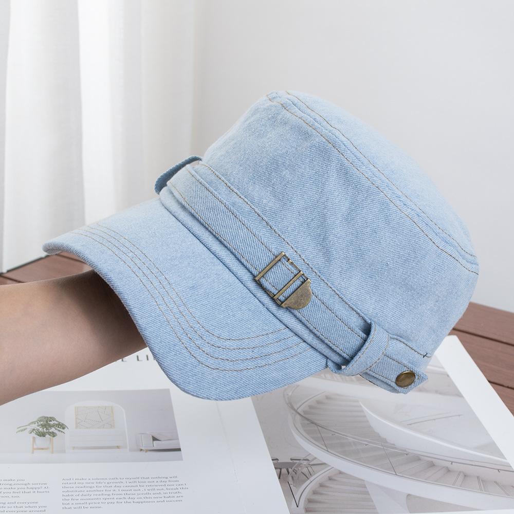 Retro washed denim flat-top equestrian hat for men and women, spring and summer fashion wear, metal buckle decorative beret