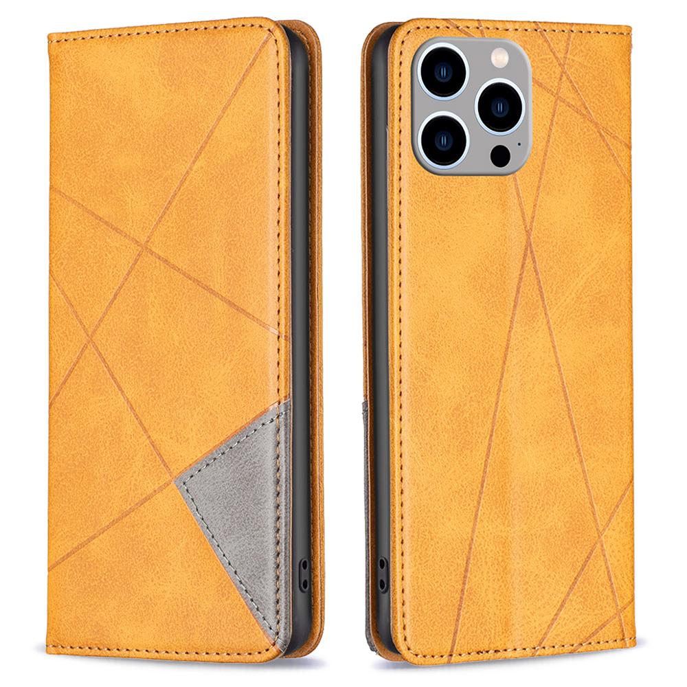 

For iPhone 15 Pro Max Stand Leather Phone Cover Card Holder Shell Imprinted Line Cell Phone Case Yellow