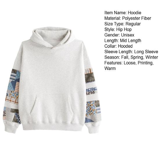 Unisex Hoodie with Big Pocket Retro Printing Long Sleeves Loose Hooded Solid Color Elastic Cuffs Hip Hop Streetwear Top