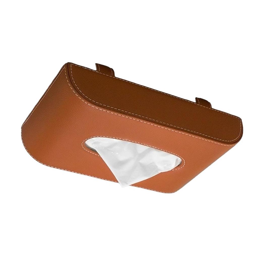 REMDY Car Tissue Holder, Sun Visor, One-Touch Installation, Easy Hanging, Compact and Slim, Car Storage, PU Leather Case, Brown