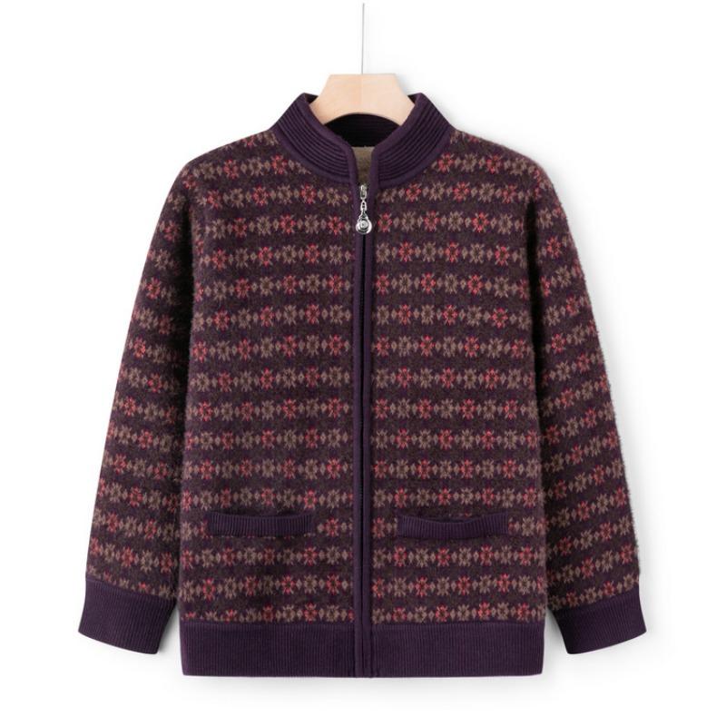 

Middle-aged grandmother autumn knitted jacket fleece thickened stand-up neck cardigan top female mother clothing new autumn clothing women 5XL (recommended 160-87.5 kg) фиолетовый