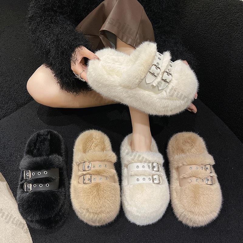Fashion Women's Thick Sole Comfortable Fluffy Plush Cotton Padded Shoes Female Winter Plush Non Slip Warm Belt Buckle Cotton Slippers