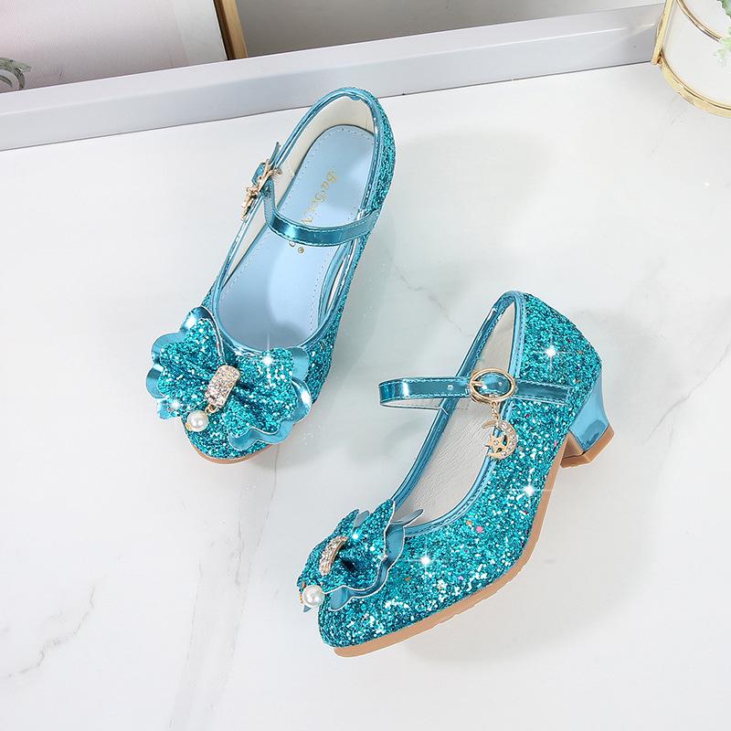 Sapatos de Salto Alto de Couro para Meninas com Laço de Strass - Modelo Princesa de Cristal Primavera 2025