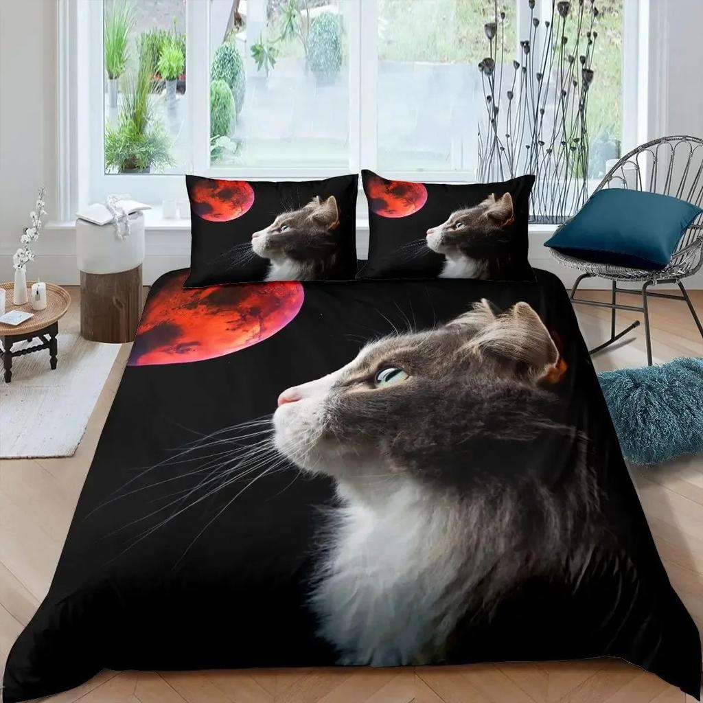 Comforter Galaxy Cat Girls 3D Digital Cat Bedding Set Galaxy Colorful Cat Starry Sky Comforter Lover