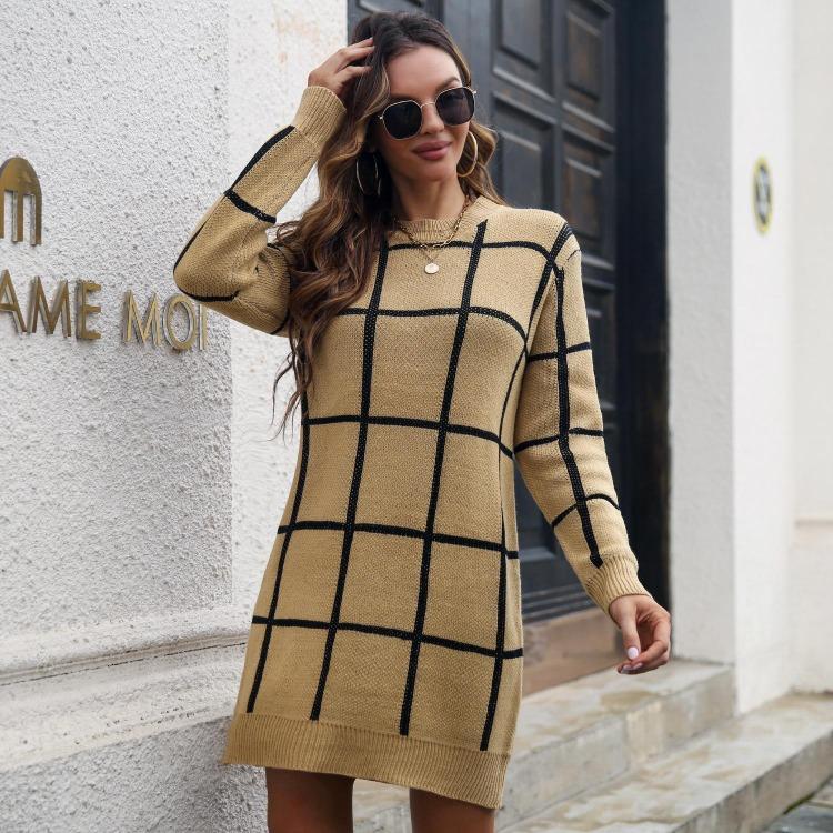 New Fall Winter Women Loose Knitted Long Sleeve Sweater Dress Plaid Contrast Color Bottoming Sizes S to L