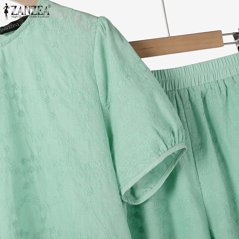 ZANZEA Women Short Sleeve Blouse and Shorts Summer Embroidery Jacquard Two Piece Sets