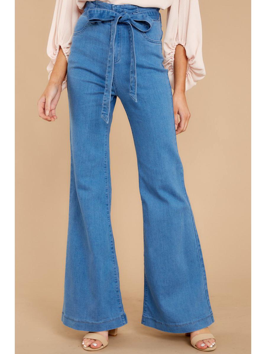 

European and American High-Waisted Sky Blue Flare Jeans with Lace-Up Detail, Available in 4 Colors Double XL небесно-голубой