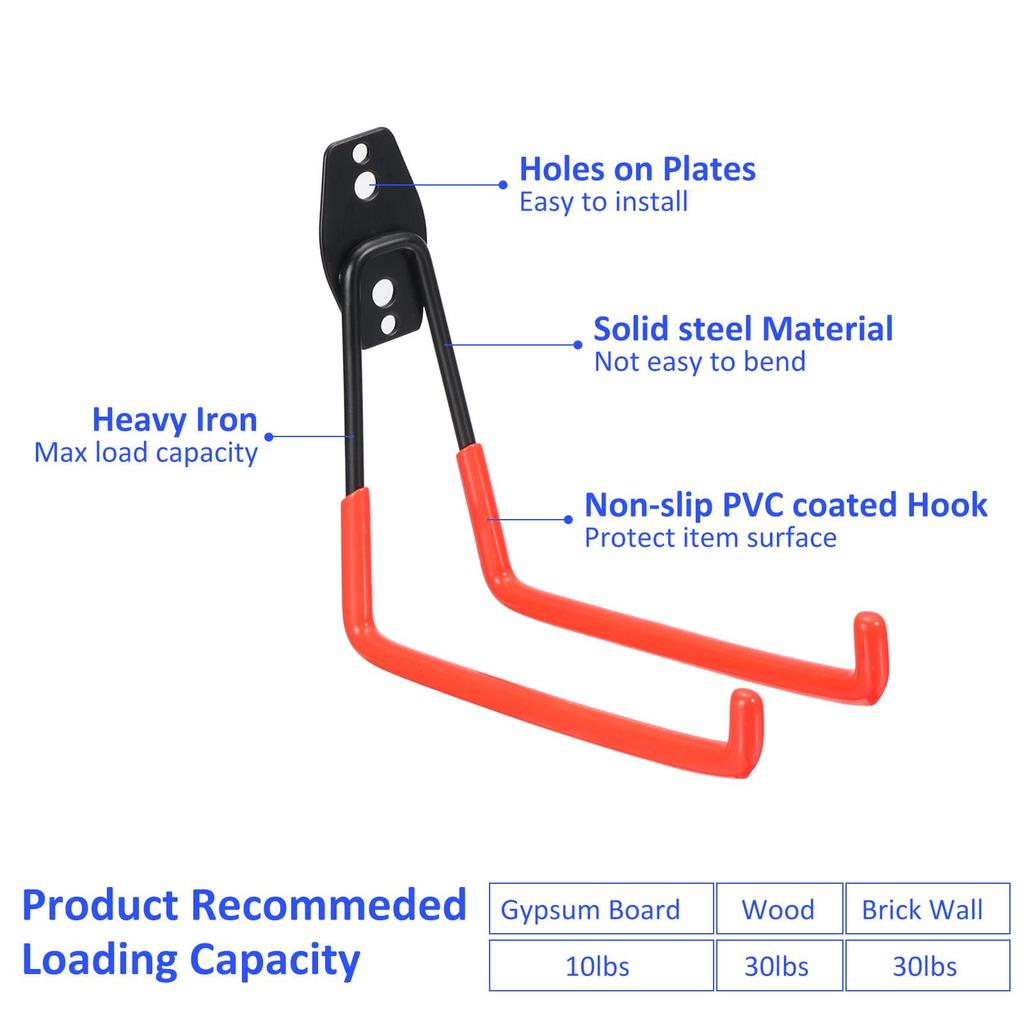 METERXITY 6-Piece Wall-Mounted Garage Hooks with 2 Straps for Ladders, Red