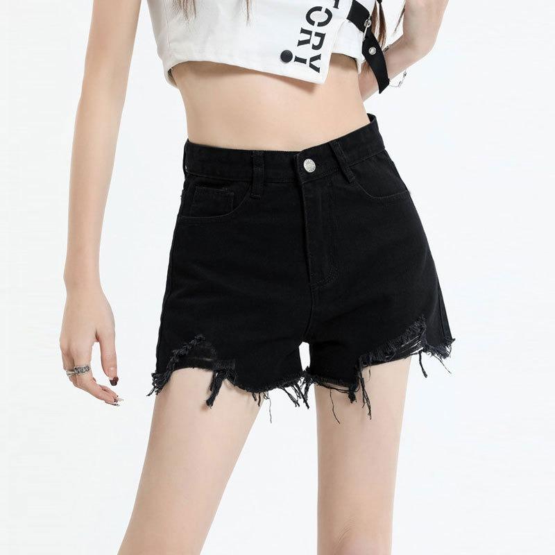 Casual Ripped and Versatile Denim Shorts for Women Fashionable High-waist Internet Celebrity Raw Edge Wide-leg Hot Pants
