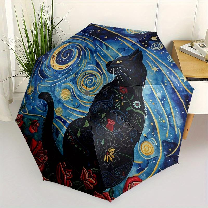 Starry Night Cat Round Rug - Celestial Floral CarpetUmbrella, Portable 3-Fold Compact Umbrella,Christmas Gift ES543