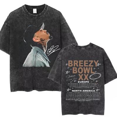 Chris Brown Breezy Bowl XX Concert Cotton Tee Tour Washed T Shirt Vintage Gothic Top Men's Portrait Hip Hop Streetwear