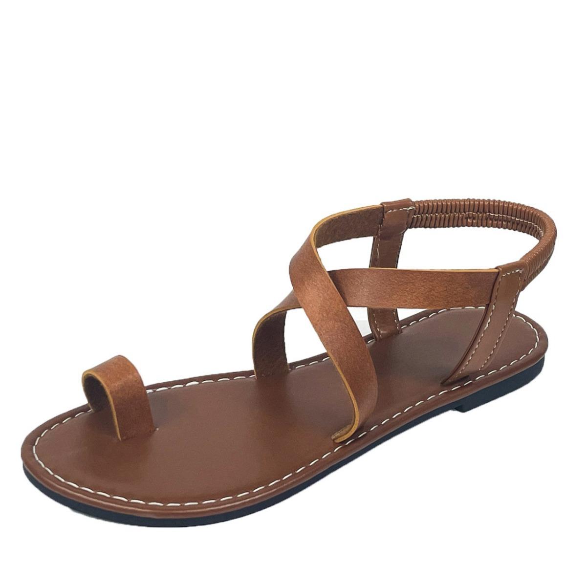 

Soft leather metal buckle hollow instep open-toed sandals women s summer flat bottom low heel comfortable non-slip student casual sandals 43 темно-коричневого кольору