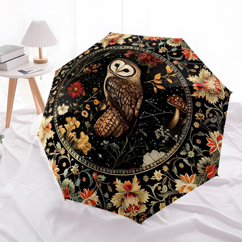 Owl, FloralThemed Automatic Opening and Closing Umbrella - 8 Ribs, Suitable for Leisure and Going Out, Outdoor Accessory, Gothic Style, Fash