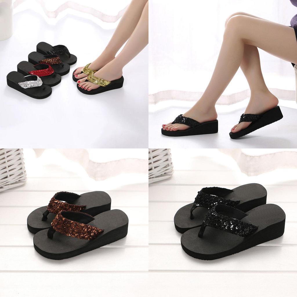 Sequins Summer Womens Antislip Sandals Girl Wedge Heels Slippers Flipflops Us