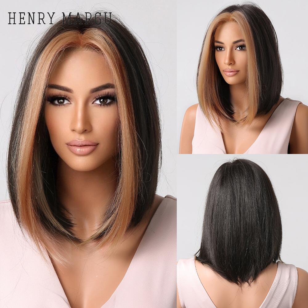 HENRY MARGU Short Bob Synthetic Wigs Ombre Black Brown White Natural Straight Wigs for Women Middle Part Daily Heat Resistant