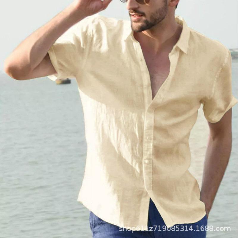 European & American Men's Summer 2025 Solid Color Short-Sleeve Lapel Cardigan Casual Thin Shirt