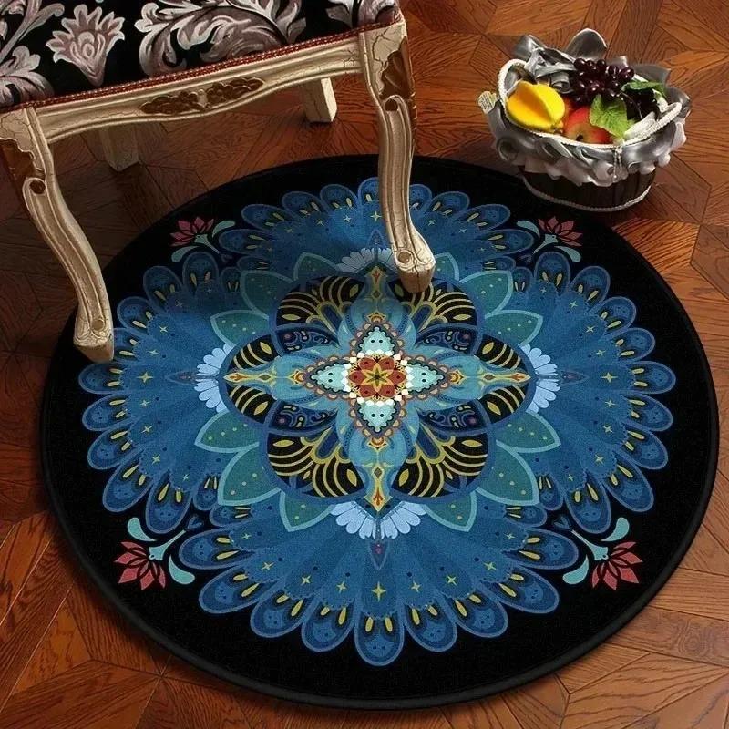 Retro Mandala Pattern Round Carpet, Room Home Decoration, Bedroom Kids' Cushion, Non-Slip Floor Mat Living Room Chair Mat