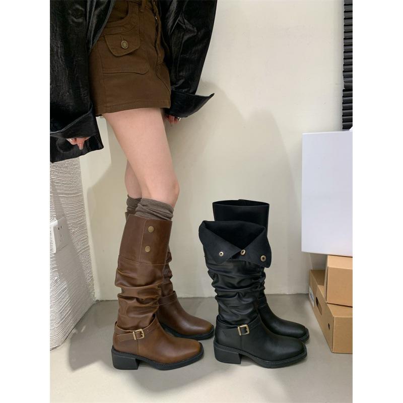 2025 Autumn and Winter Niche Design Wasteland Wind Tall Women's Boots Retro Pleated Thick Heel Stacking Boots Long Boots