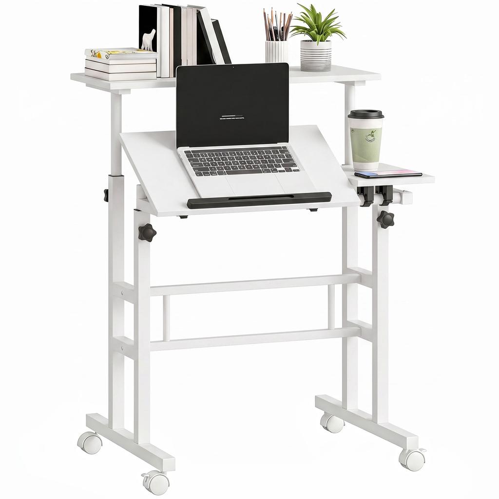 Sit-Stand Desk, Height-Adjustable, 70 x 60 cm, on Casters, Tilting Top, White