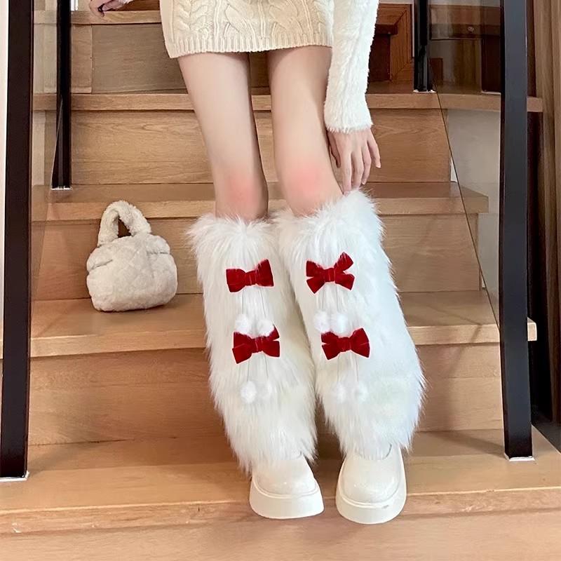 New Year'S Red Plush Leg Cover Autumn And Winter Warm Stacking Socks Spice Girl Fur Calf Socks Bow Fluffy Socks Cover