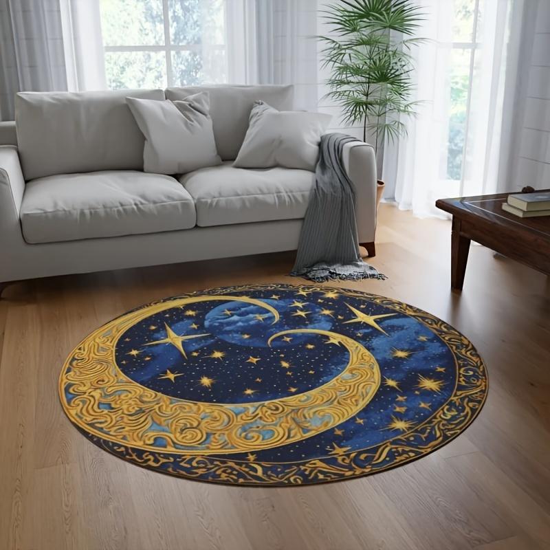 Starry Night Moon Round Rug Celestial Flannel Carpet for Bedroom Living Room Decor Dreamy Sky Pattern Floor Mat Soft Comfortable
