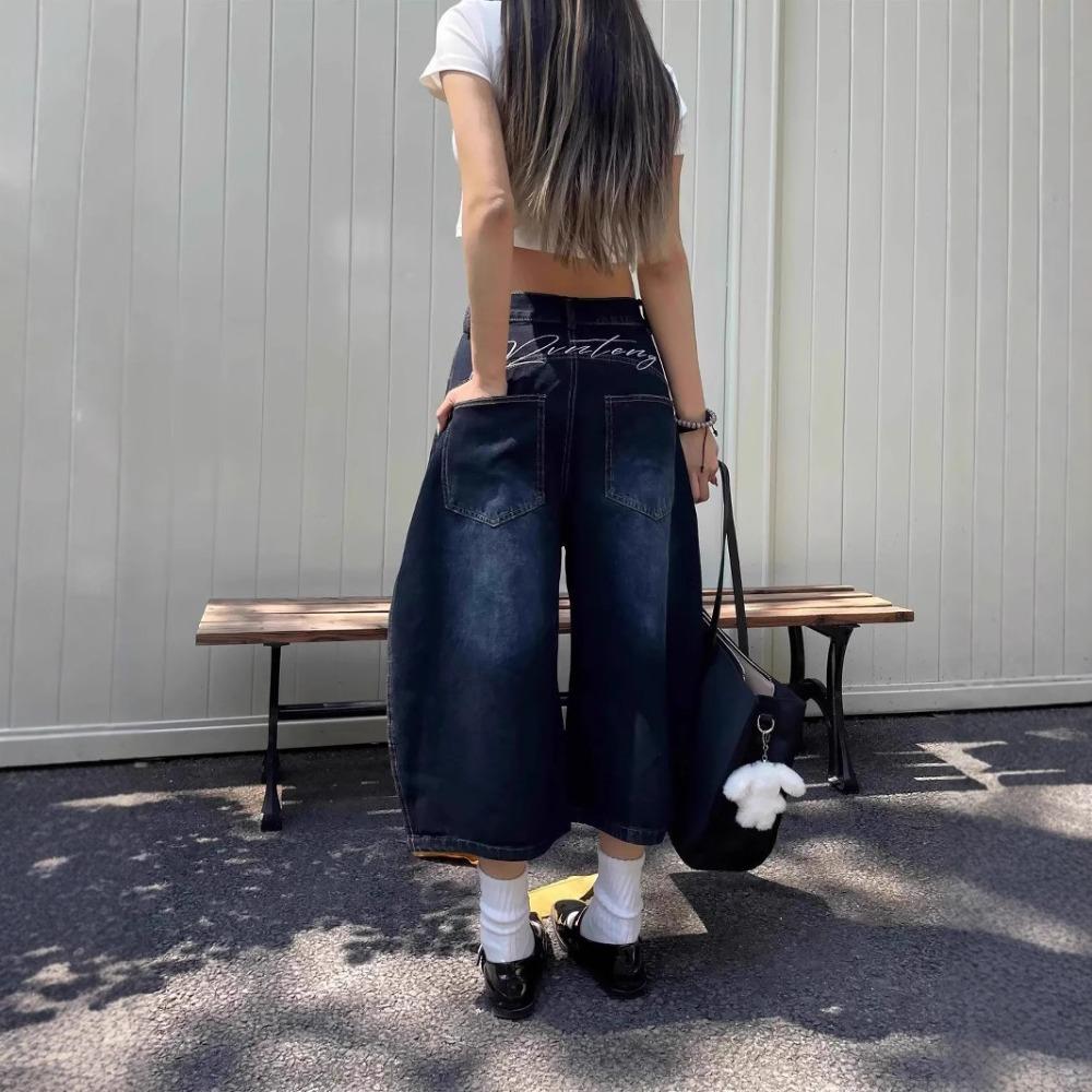 Women's High Waist Capri Wide Leg Jeans Loose Fit Vintage Washed Back Embroidery Baggy Denim Capris