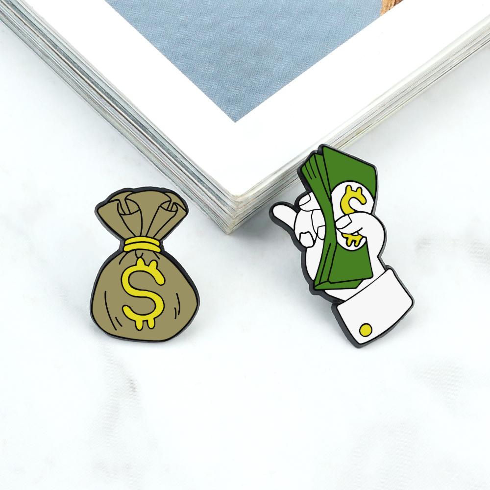 Funny Money Wallet Brooch Creative Purse Banknote Enamel Pin Holding a dozen of Dollars Bag Lapel Badge Gift for Friends Jewelry