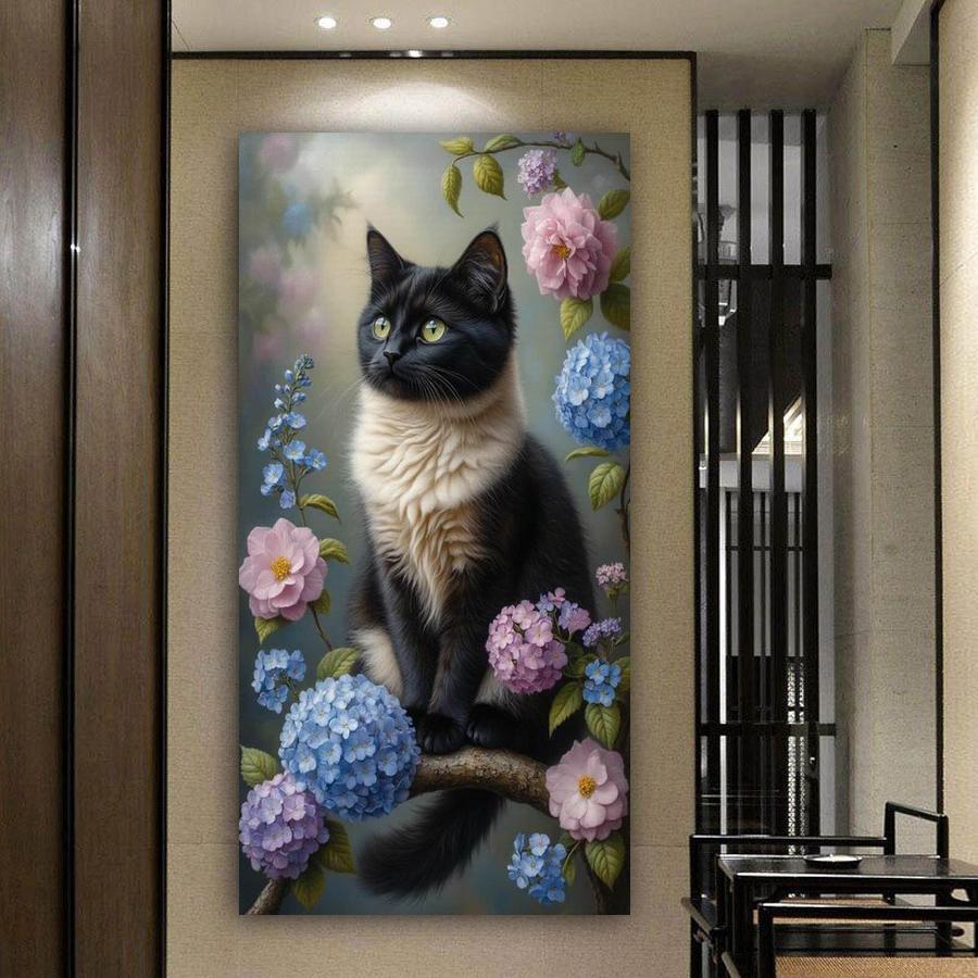 Black and White Cat Flower Large Size Diamond Painting New Collection Animals Diy Full Drill Rhinestone Embroidery Mosaic Cross Stitch Kits