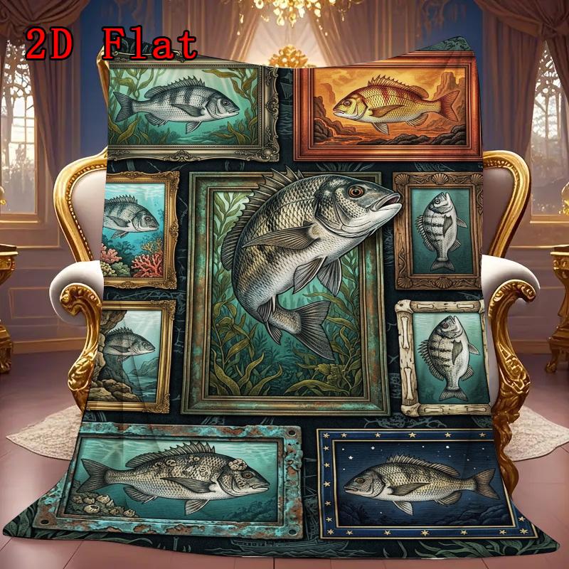Fish Collection 2D Flat Pattern Flannel Blanket, High Quality All Seasons, Home Decor, Warmth and Comfort, Perfect for Christmas Gifts.